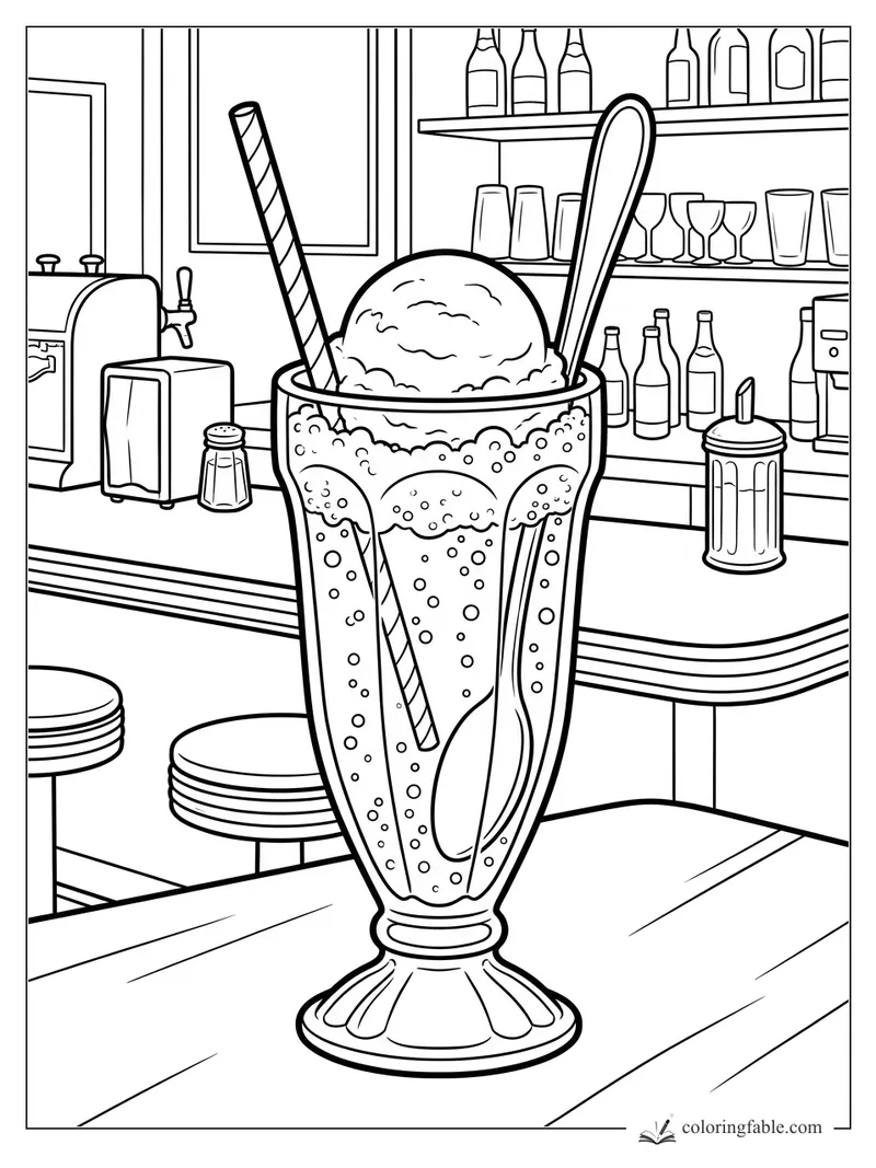 Tall ice cream float with straw, spoon, bubbly soda, and a scoop on a retro counter