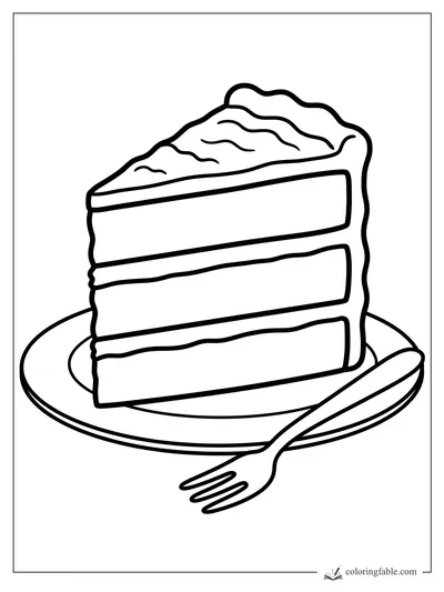 Easy coloring page of a tall layer cake slice with frosting, plate, and fork
