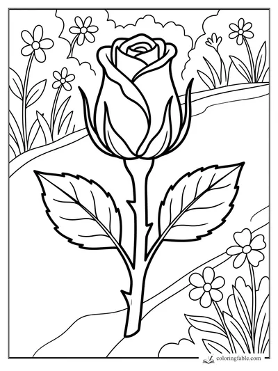 Bold easy coloring page of a tall rose with leaves, daisies, grass, clouds, and a winding garden path.