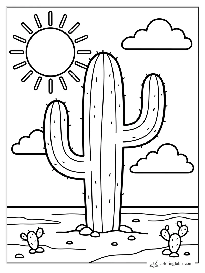 Bold easy cactus coloring page with tall saguaro, sun, clouds, rocks, and small prickly pear cacti