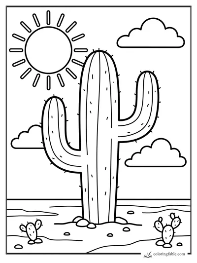 Bold easy cactus coloring page with tall saguaro, sun, clouds, rocks, and small prickly pear cacti