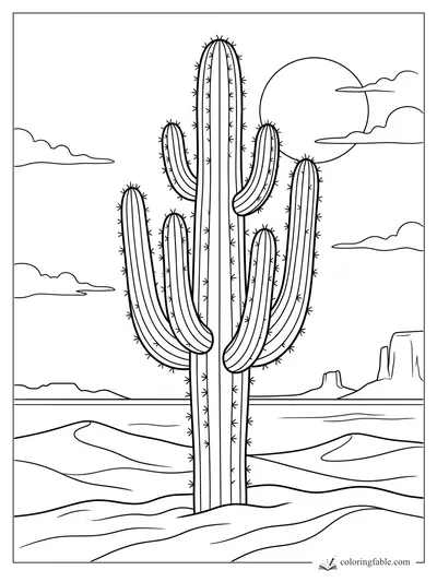 Tall saguaro cactus with many arms, desert dunes, mesas, clouds, and a large moon