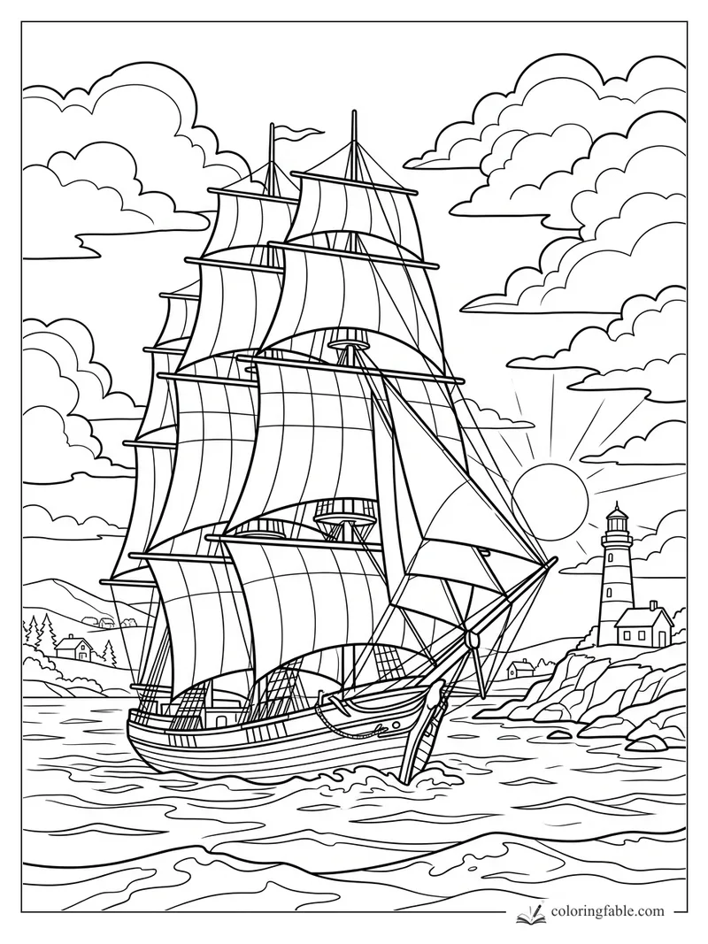 Tall sailing ship with billowing sails passing a rocky lighthouse coast at sunrise