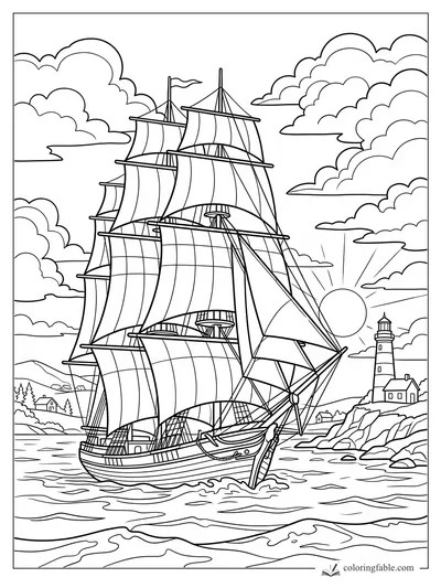 Tall sailing ship with billowing sails passing a rocky lighthouse coast at sunrise