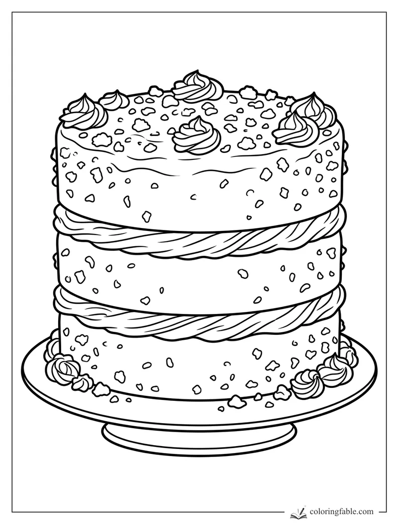 Three-tier sprinkle cake on a stand with piped frosting ropes, top swirls, and crumb decorations