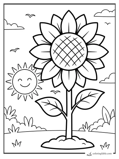 Bold easy sunflower coloring page with a smiling sun, leaves, clouds, birds, and garden grass.