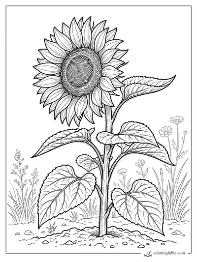 Realistic sunflower coloring page with layered petals, detailed seed head, serrated leaves, and meadow grass