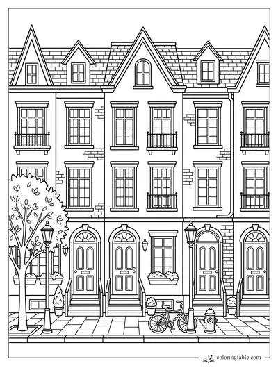Detailed row of tall townhouses with peaked roofs, balconies, street lamps, tree, bicycle, and fire hydrant.