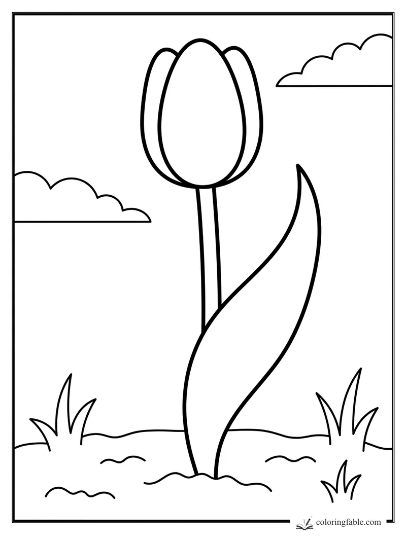 Easy tulip coloring page with a tall stem, large curved leaf, grass, and clouds.