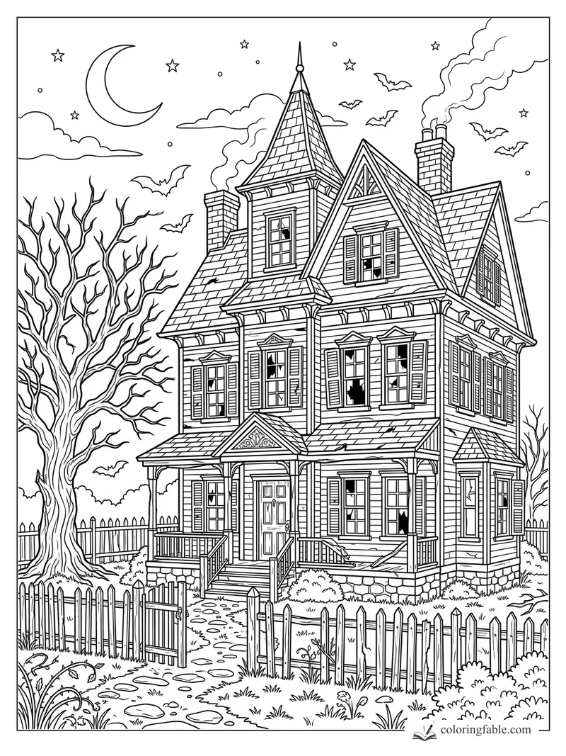 Realistic haunted Victorian house with bats, crescent moon, bare tree, picket fence, and smoking chimneys