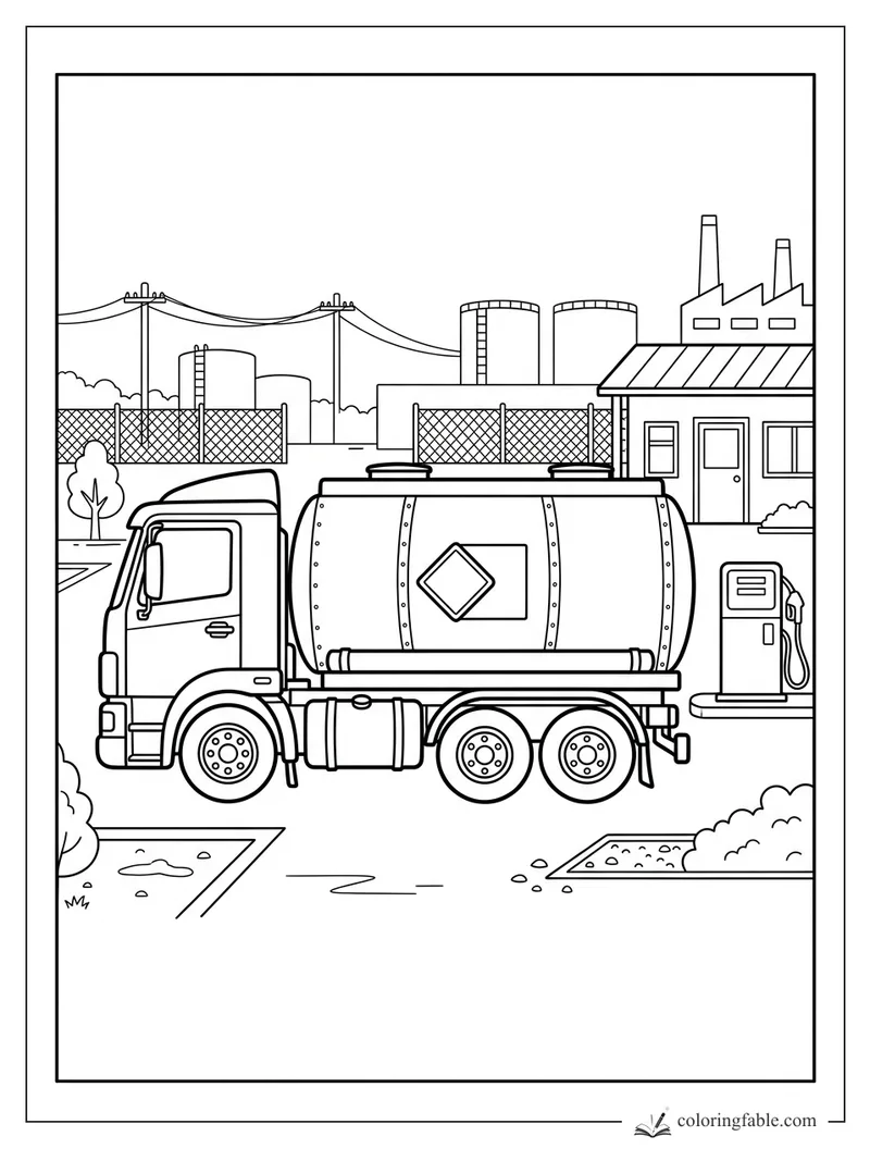 Tanker truck parked by a fuel pump, with factory tanks, fences, wires, and shrubs behind it.