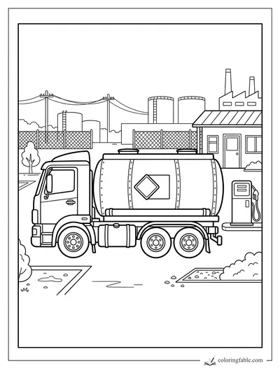 Tanker truck parked by a fuel pump, with factory tanks, fences, wires, and shrubs behind it.