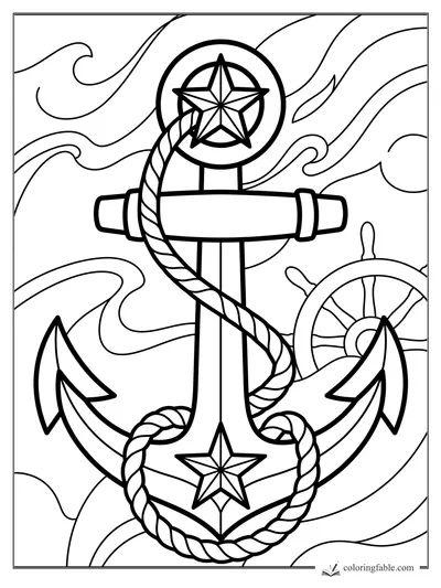 Bold tattoo-style anchor coloring page with coiled rope, two stars, waves, and a ship wheel.