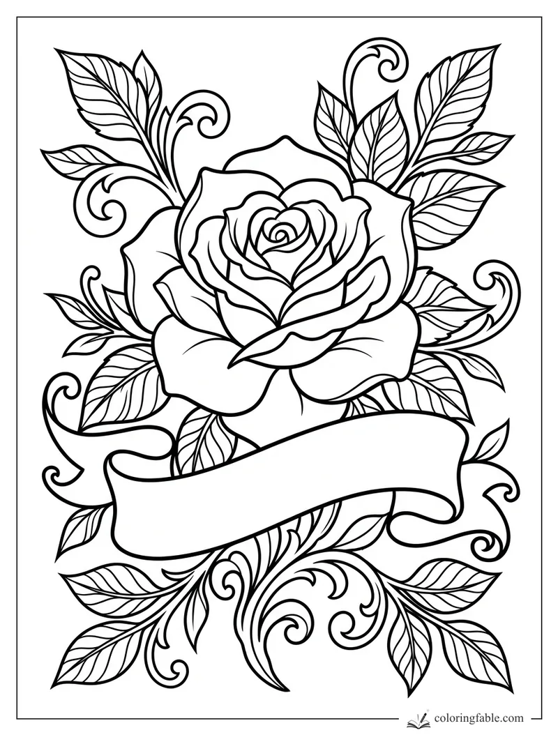 Intricate tattoo-style rose with veined leaves, curling vines, and a blank ribbon banner.