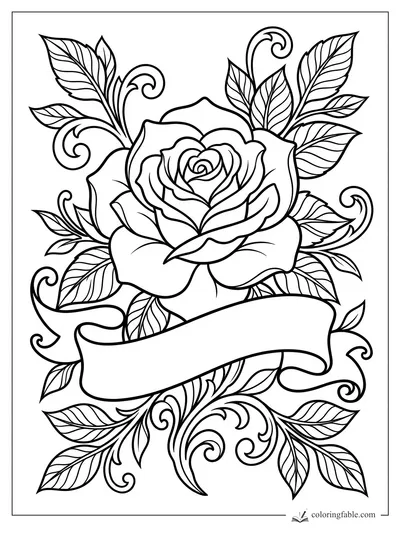 Intricate tattoo-style rose with veined leaves, curling vines, and a blank ribbon banner.