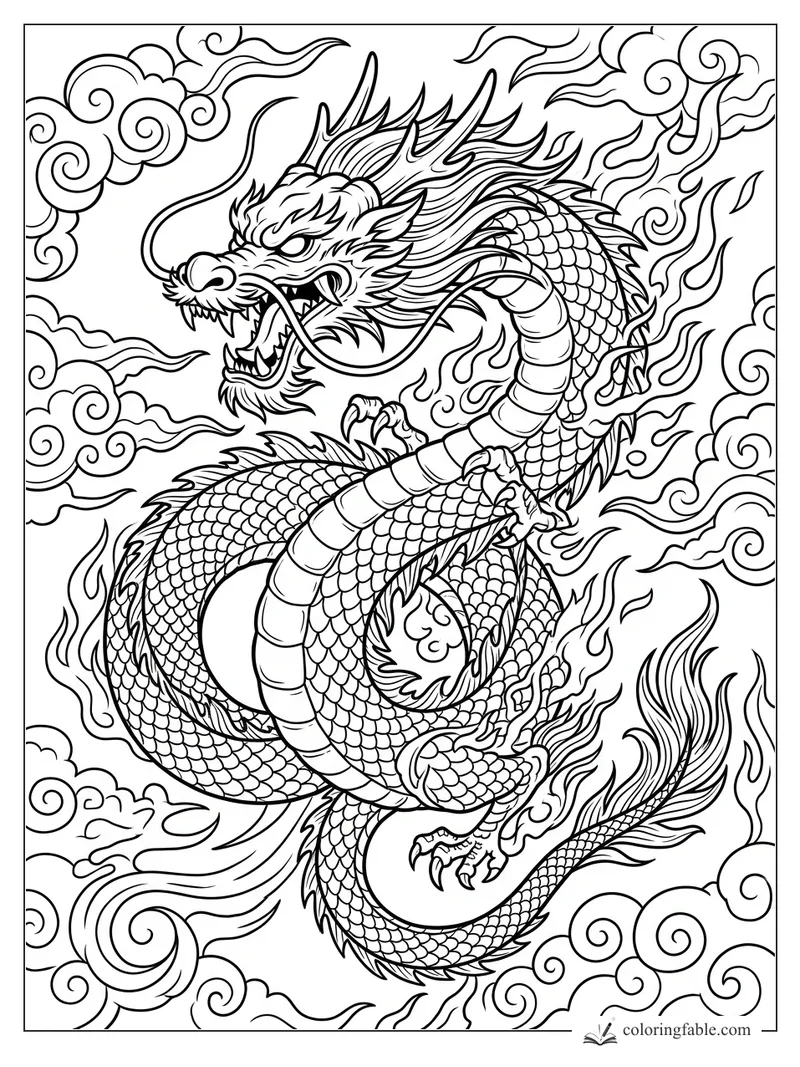 Intricate manga tattoo dragon coiling through spiral clouds and flame-like wind