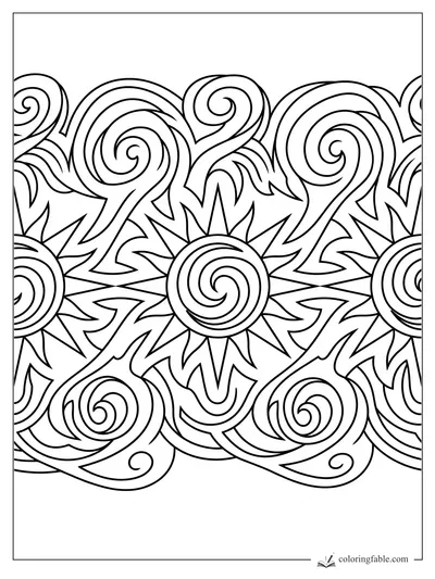 Tattoo-style sunburst pattern with curled waves, pointed rays, and repeating spiral circles