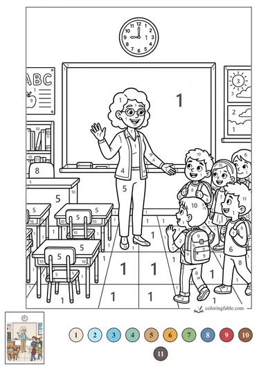 Teacher Greeting Students at the Classroom Door — color by number