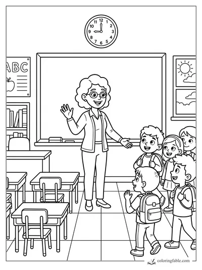 Cartoon teacher waves to backpacked students in a classroom with desks, clock, whiteboard, posters, and window.