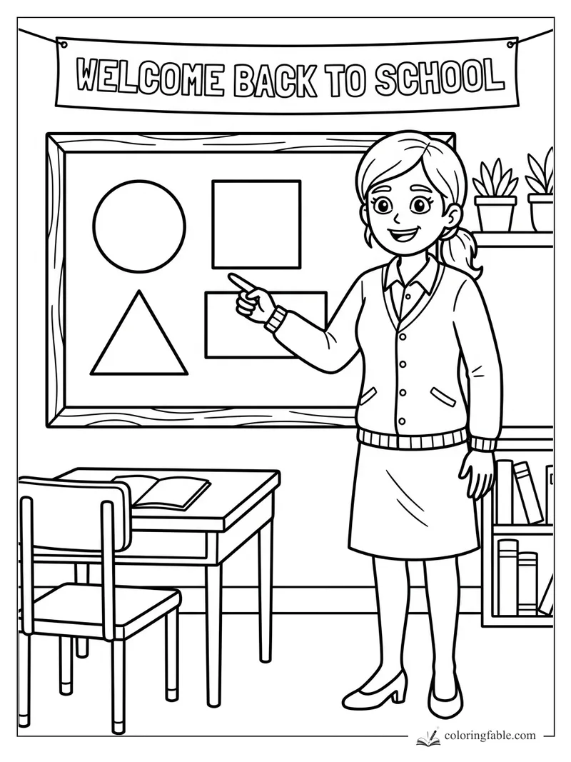 Teacher points to shapes under a Welcome Back to School banner in a classroom coloring page.