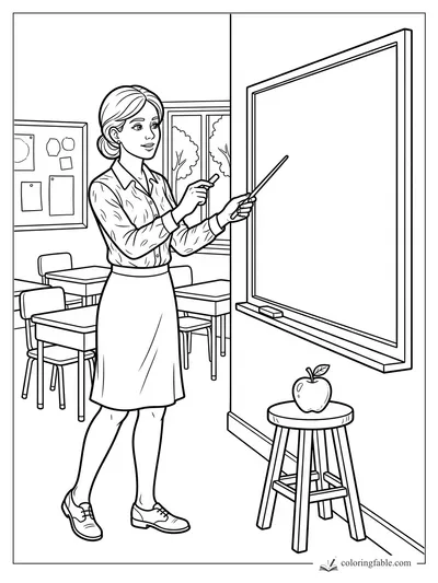 Realistic teacher holding chalk and pointer by a blank classroom board, desks, window, and apple on a stool.