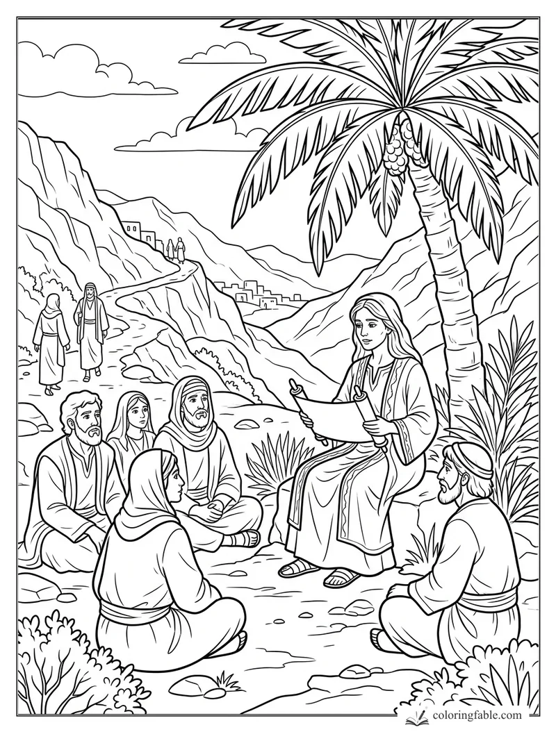 Bible coloring page of a woman reading a scroll to listeners under a date palm in a mountain valley