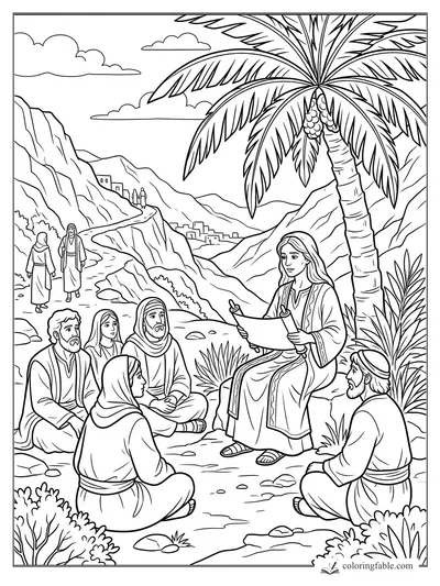 Bible coloring page of a woman reading a scroll to listeners under a date palm in a mountain valley