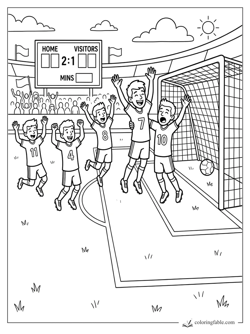 Cartoon soccer players cheering by a goal, ball in the net, scoreboard showing Home 2:1 Visitors.