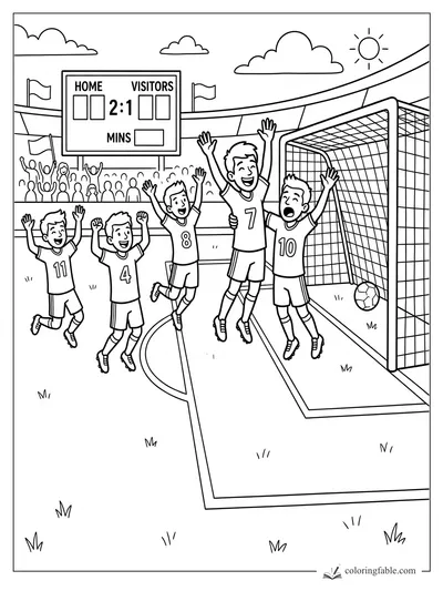 Cartoon soccer players cheering by a goal, ball in the net, scoreboard showing Home 2:1 Visitors.