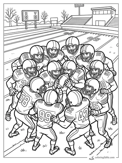 Cartoon football team huddling around a ball on a stadium field with scoreboard and bleachers