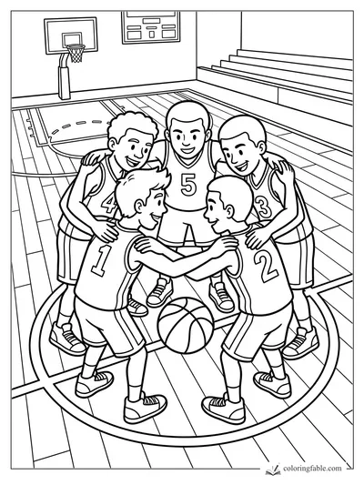 Cartoon basketball team huddling around a ball at center court in a gym