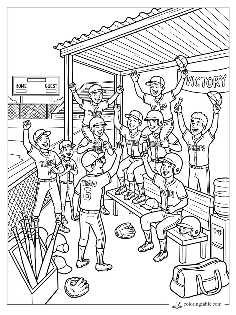 Cartoon baseball team cheering in a dugout with a victory banner, scoreboard, bats, gloves, and caps raised
