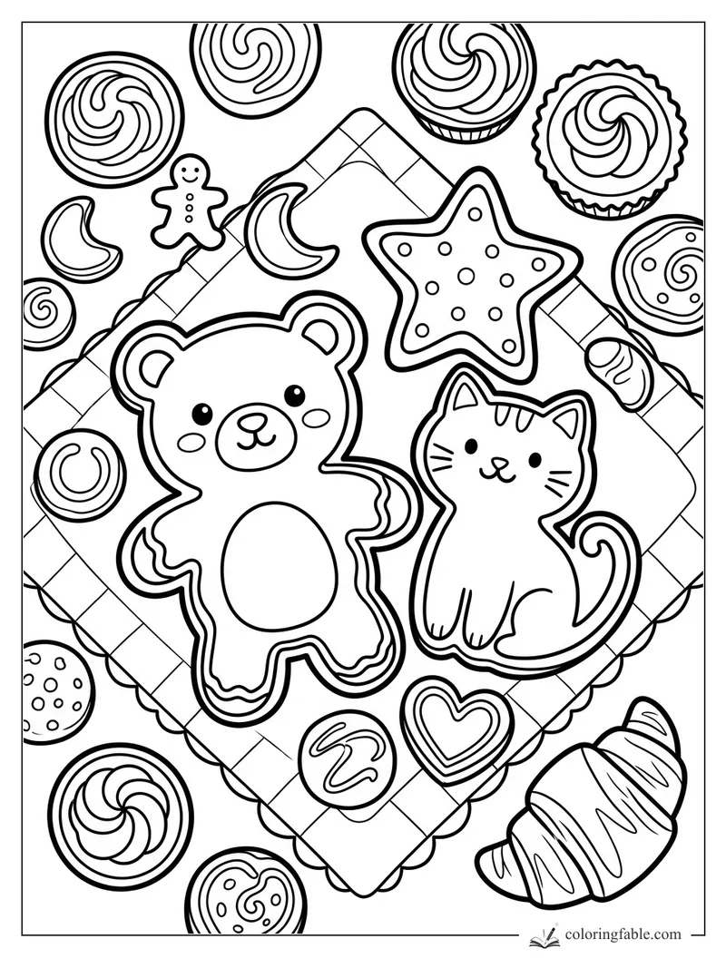 Cartoon teddy bear and cat cookies on a checkered napkin with star, swirls, heart, and croissant treats.