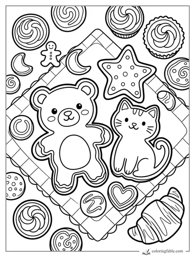 Cartoon teddy bear and cat cookies on a checkered napkin with star, swirls, heart, and croissant treats.