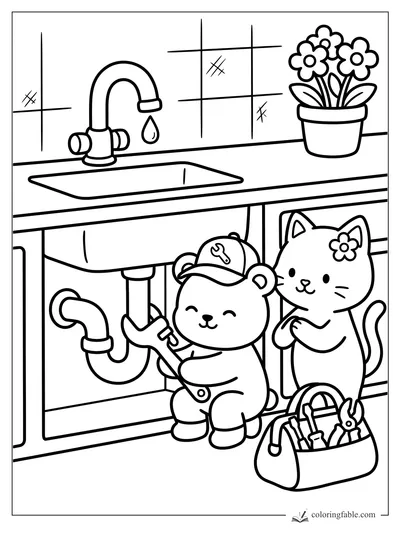 Cute teddy plumber under a sink with a cat helper, tool bag, dripping faucet, tiles, and potted flowers.
