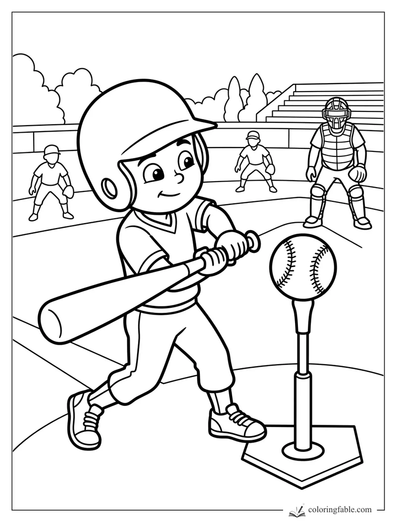 Smiling tee-ball batter swinging at a ball with catcher, fielders, bleachers, and trees behind home plate.