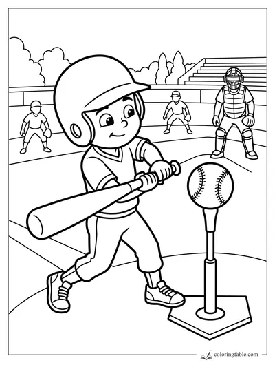 Smiling tee-ball batter swinging at a ball with catcher, fielders, bleachers, and trees behind home plate.