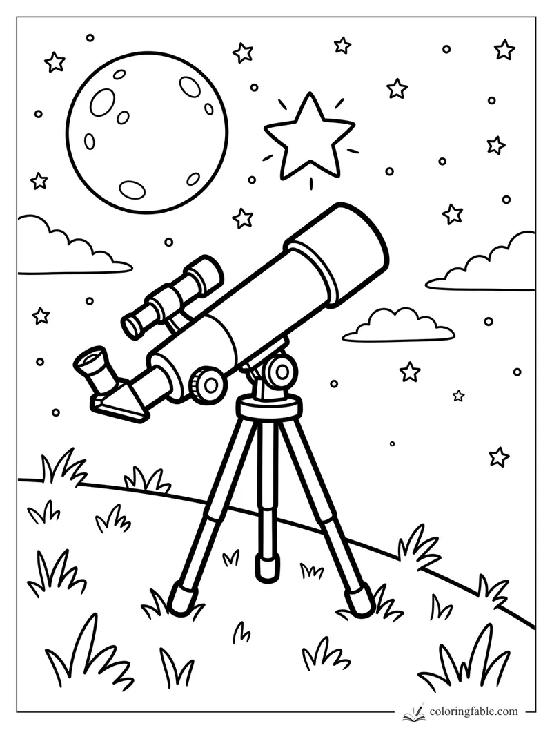 Cartoon telescope on a tripod aimed at a bright star beside the cratered moon in a grassy night sky