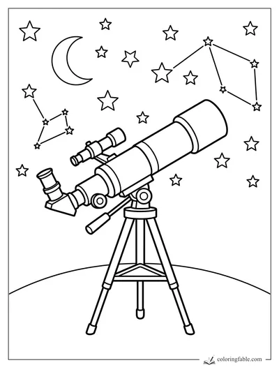 Coloring page of a large telescope on a tripod under a crescent moon, stars, and connected constellations