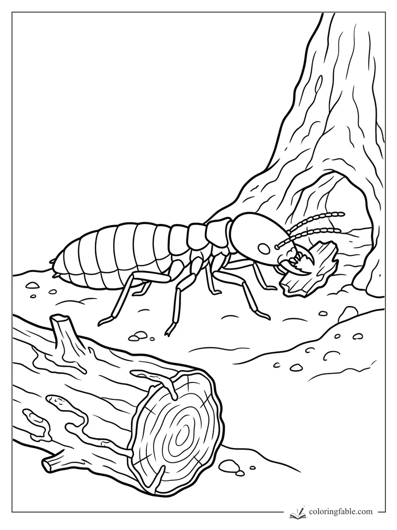Termite with segmented body carrying a leaf beside a tree root, fallen log, stones, and bark lines
