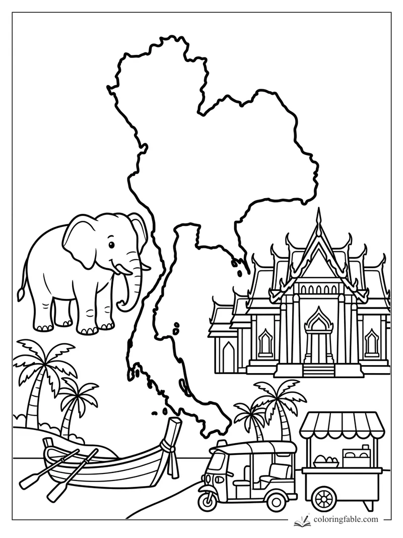 Thailand coloring page with map outline, elephant, Thai temple, tuk tuk, longtail boat, palms, and food cart