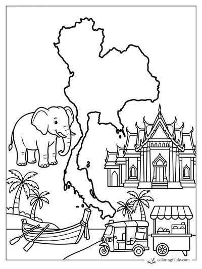 Thailand coloring page with map outline, elephant, Thai temple, tuk tuk, longtail boat, palms, and food cart