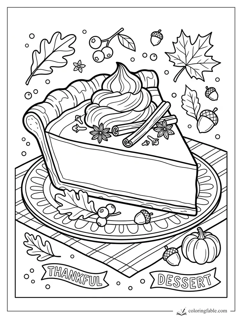 Pumpkin pie slice with whipped cream, cinnamon sticks, fall leaves, acorns, and thankful dessert banners.