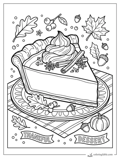 Pumpkin pie slice with whipped cream, cinnamon sticks, fall leaves, acorns, and thankful dessert banners.