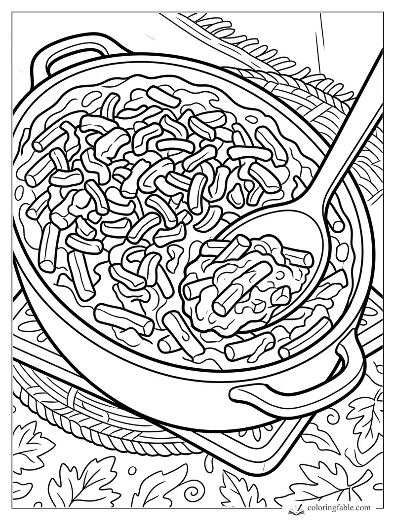 Thanksgiving casserole in a handled pot with crunchy toppings, a large spoon, wheat, and fall leaves