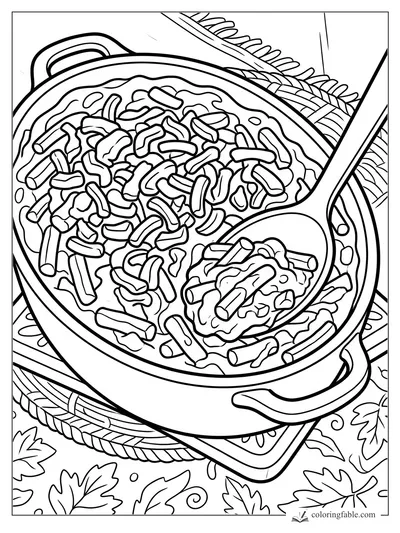 Thanksgiving casserole in a handled pot with crunchy toppings, a large spoon, wheat, and fall leaves