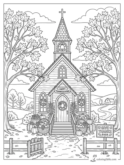 Thanksgiving chapel coloring page with maple trees, bell tower, pumpkins, baskets, and Give Thanks sign