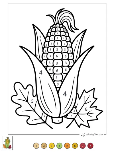 Thanksgiving Corn Cob with Autumn Leaves — color by number