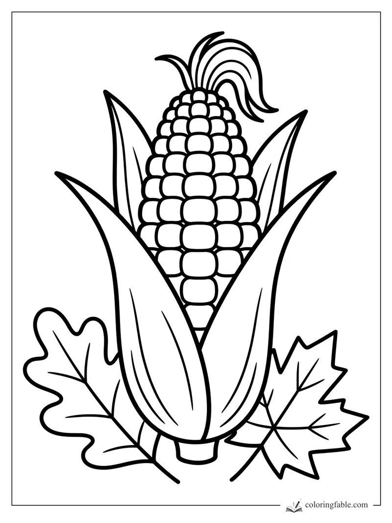 Easy Thanksgiving corn cob coloring page with husk, silk, and fall leaves