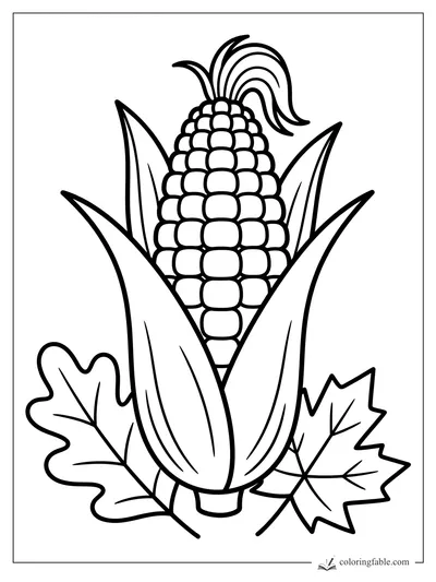 Easy Thanksgiving corn cob coloring page with husk, silk, and fall leaves